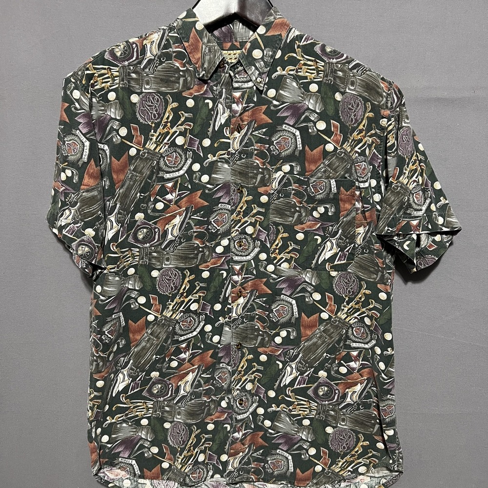 Hunting Horn Mens M Green Golf Graphic Short Sleeve Button Up Shirt Casual